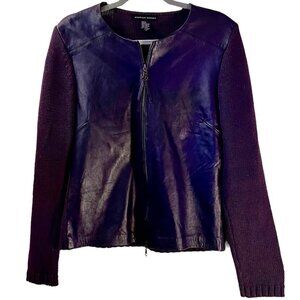 Vintage Maurice Sasson SZ M Purple Leather Front Sweater Jacket Zip Cotton